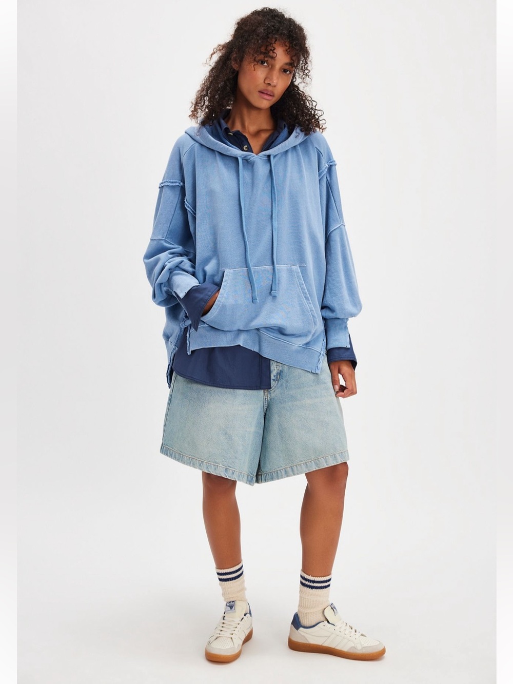 Free People Oversized Camden Hooded Pullover in Dusty Blue | Large